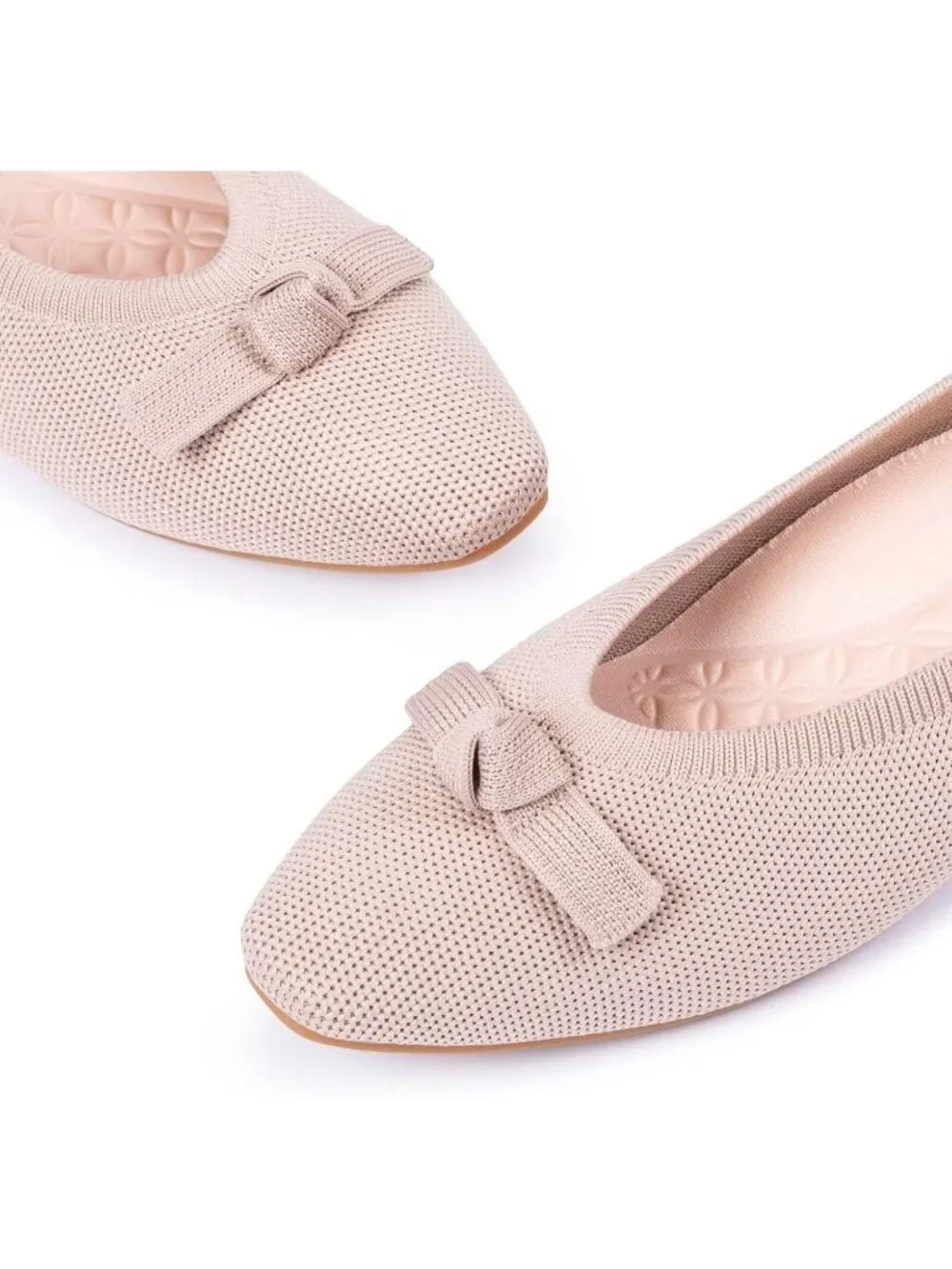 Frank Mully Women's Ecru Solid Rubber Knit Squared Toe Bow Slip On Ballet Flats